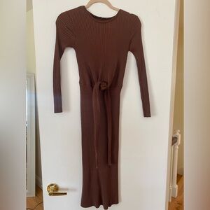 ZARA Midi Brown Ribbed Dress w Front Tie SIZE SMALL